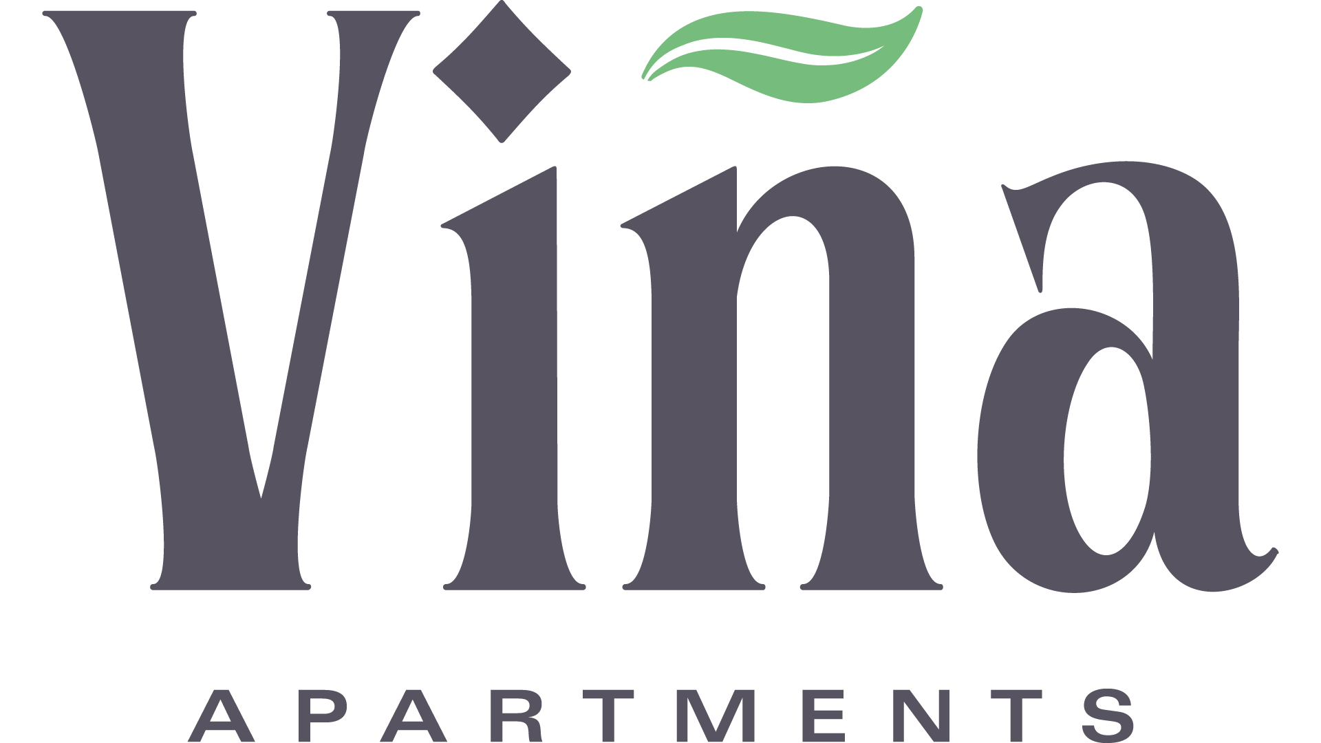 A logo with the text "Vina Apartments" and a leaf design.